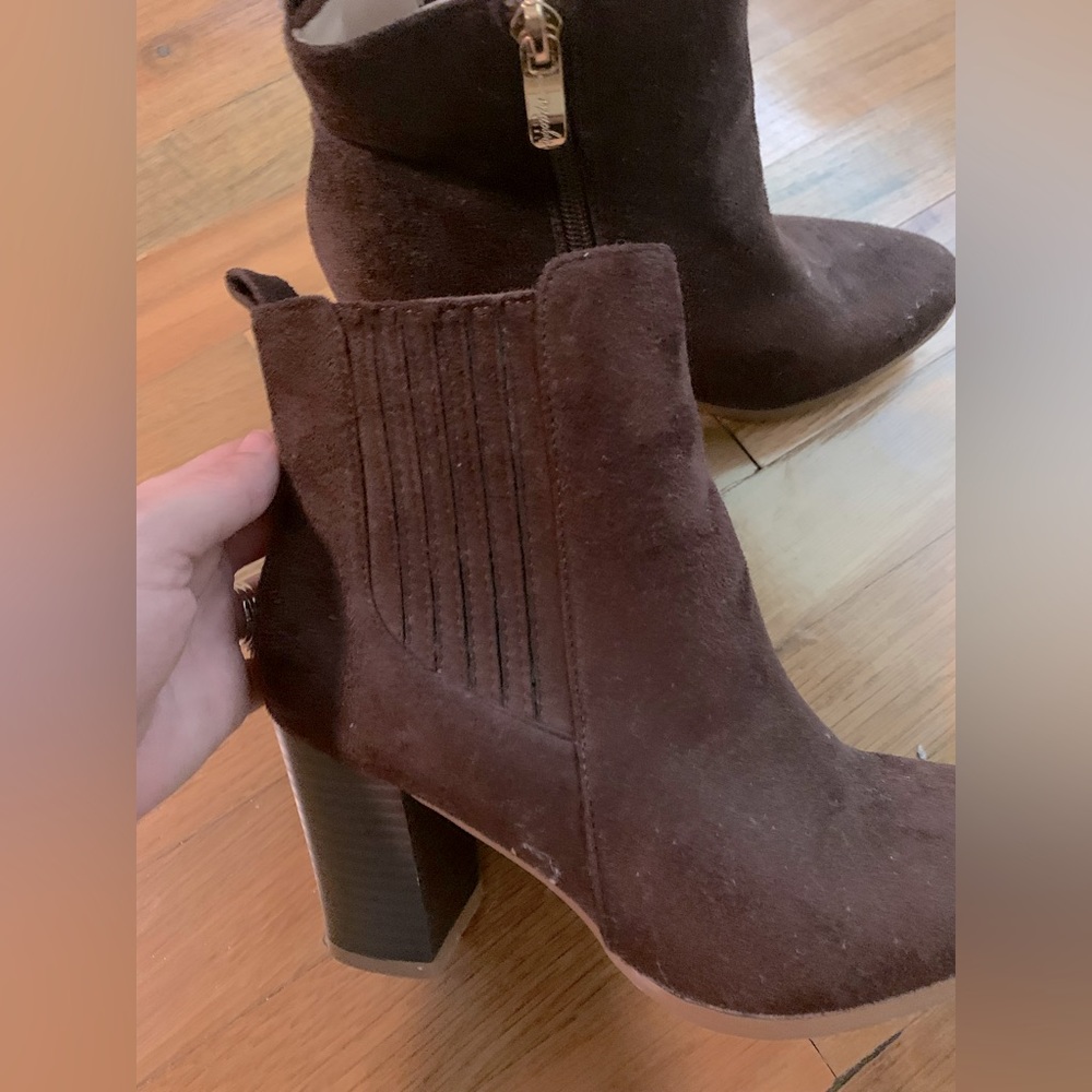 Brown Suede Heeled Booties 5.5 Mackin Girl